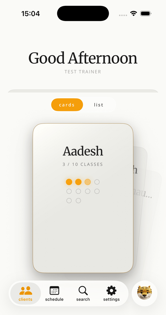 Gymbo home screen showing a client's punch card — Aadesh, 3 of 10 classes used