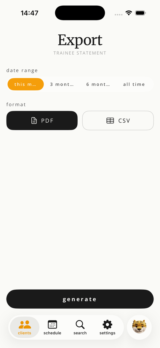 Exporting a branded client statement as a PDF or CSV in Gymbo