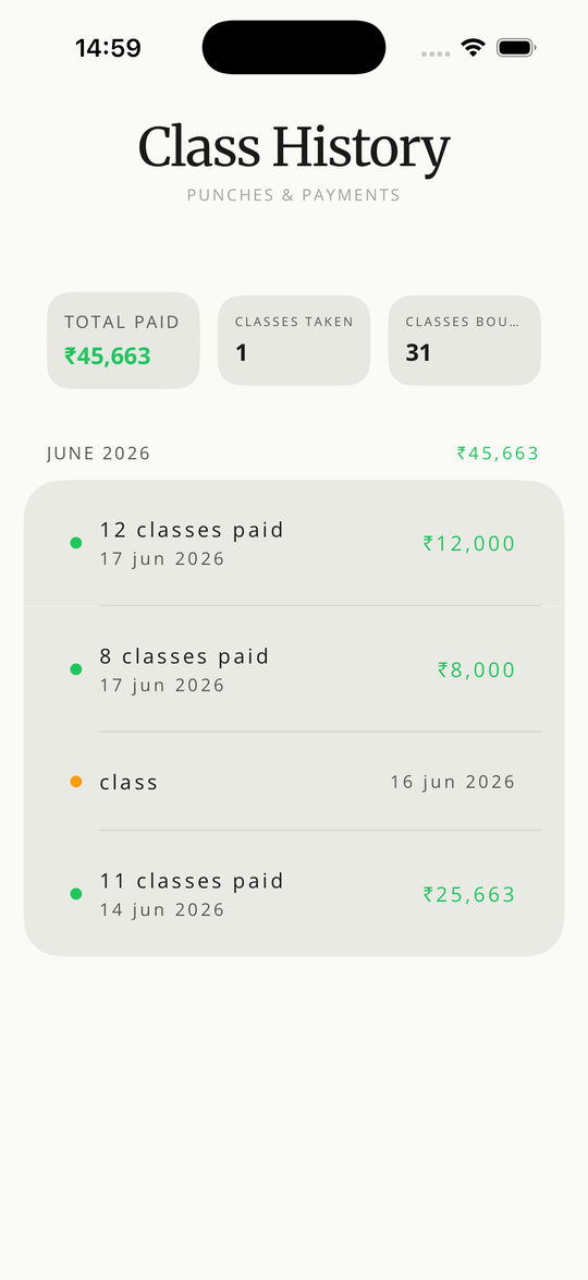 Gymbo class history showing ₹45,663 in payments logged for June