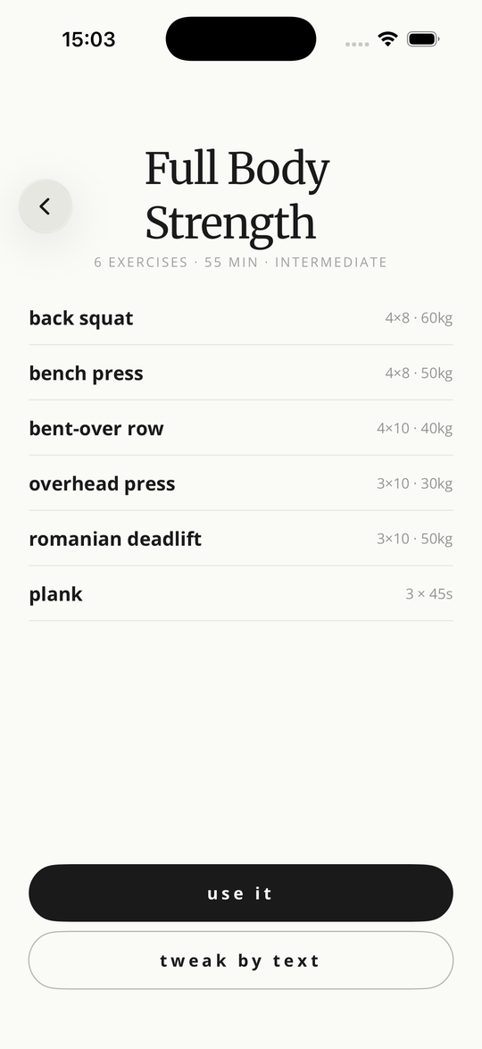 A full-body strength workout template in Gymbo with squat, bench press and barbell row